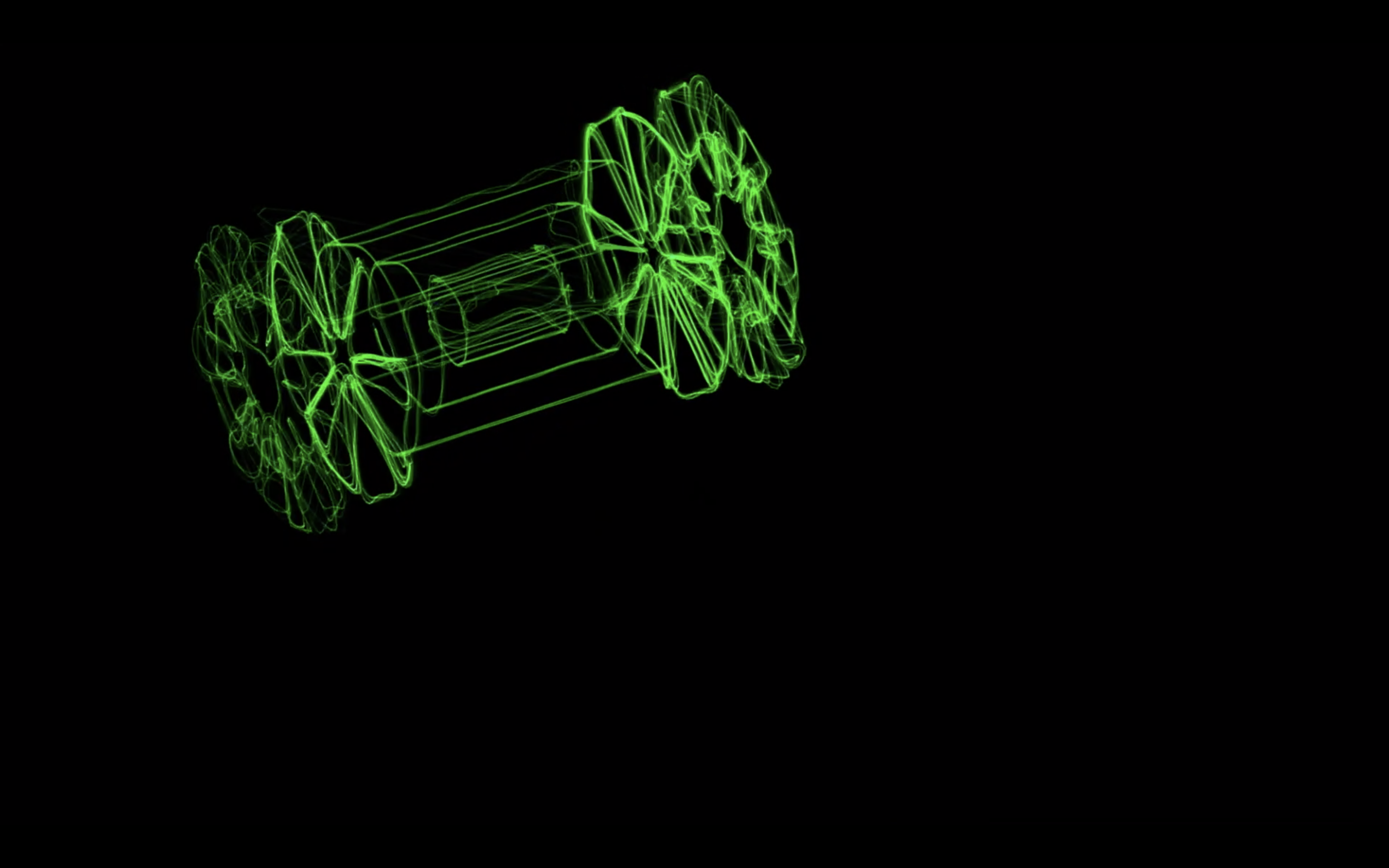 A wireframe of the ATLAS detector traced in glowing green lines by an oscilloscope beam.
